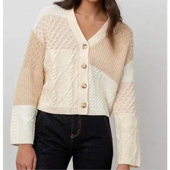 Rails Reese Cream Patchwork Mixed Cable Knit Oversized Cardigan Size L - Picture 1 of 16